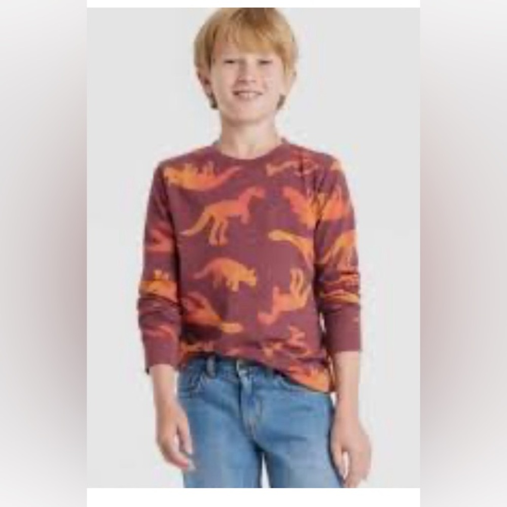 Cat & Jack Boys Long Sleeve Red Orange Dinosaurs Shirt.